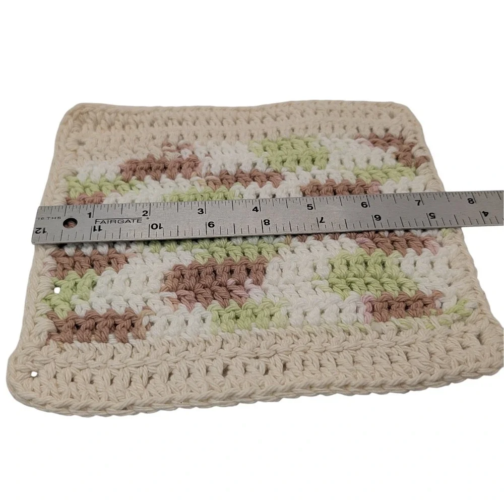 New Handmade Crocheted Potholders Hot Pads Cotton‎ Tan Blue Green Set of Three